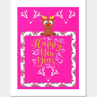 Cute deer Happy new year greeting card Posters and Art